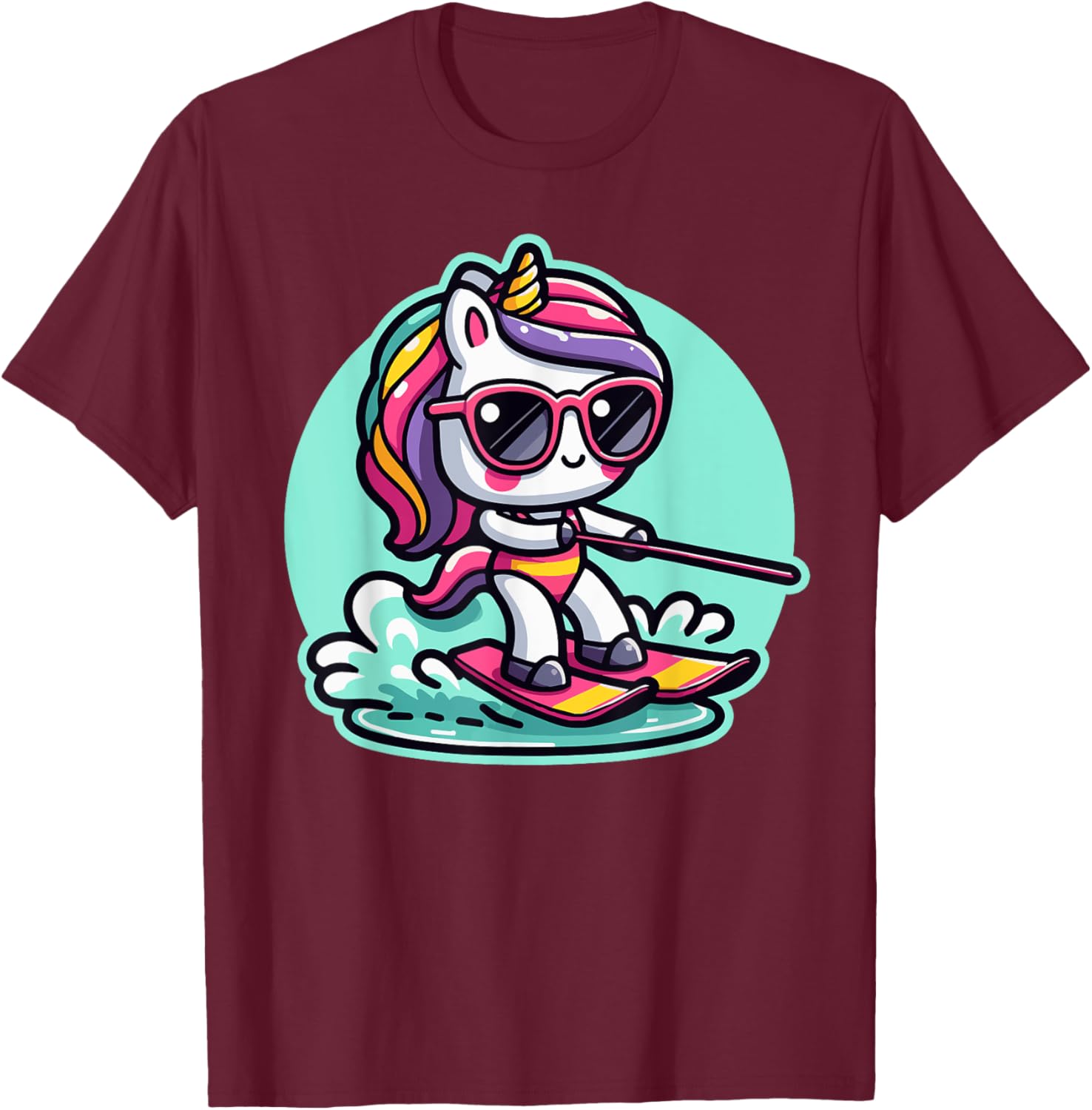 Waterski Girl Waterskier Unicorn Waterski T-Shirt - T-Shirt | Maroon