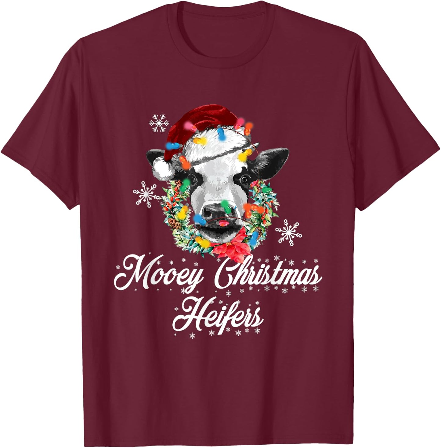 Mooey Christmas Heifers Santa Cow Christmas Lights Funny T-Shirt - T-Shirt | Maroon