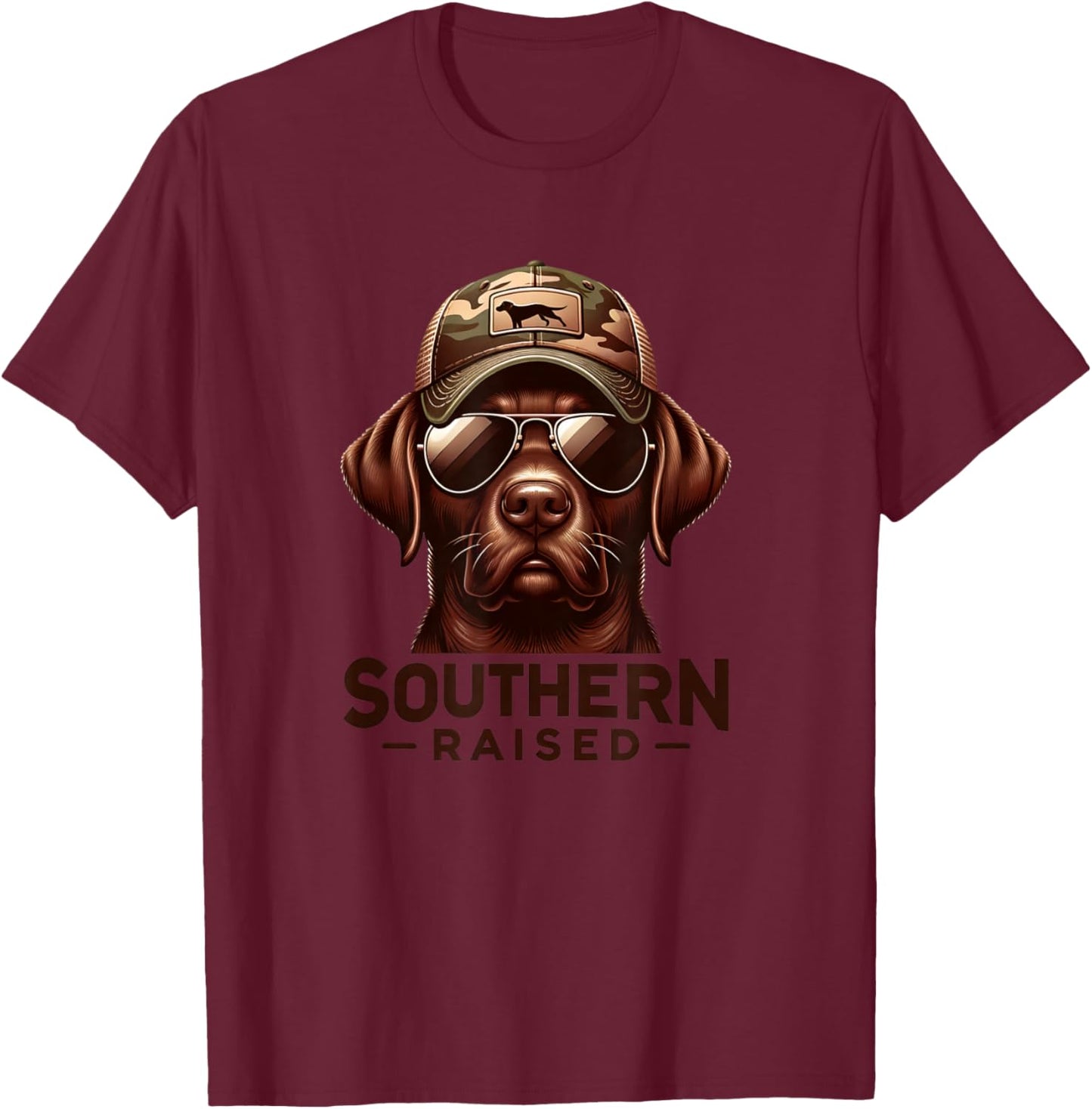 Chocolate Lab Southern Raised Hunting Dog Camo Hat T-Shirt - T-Shirt | Maroon