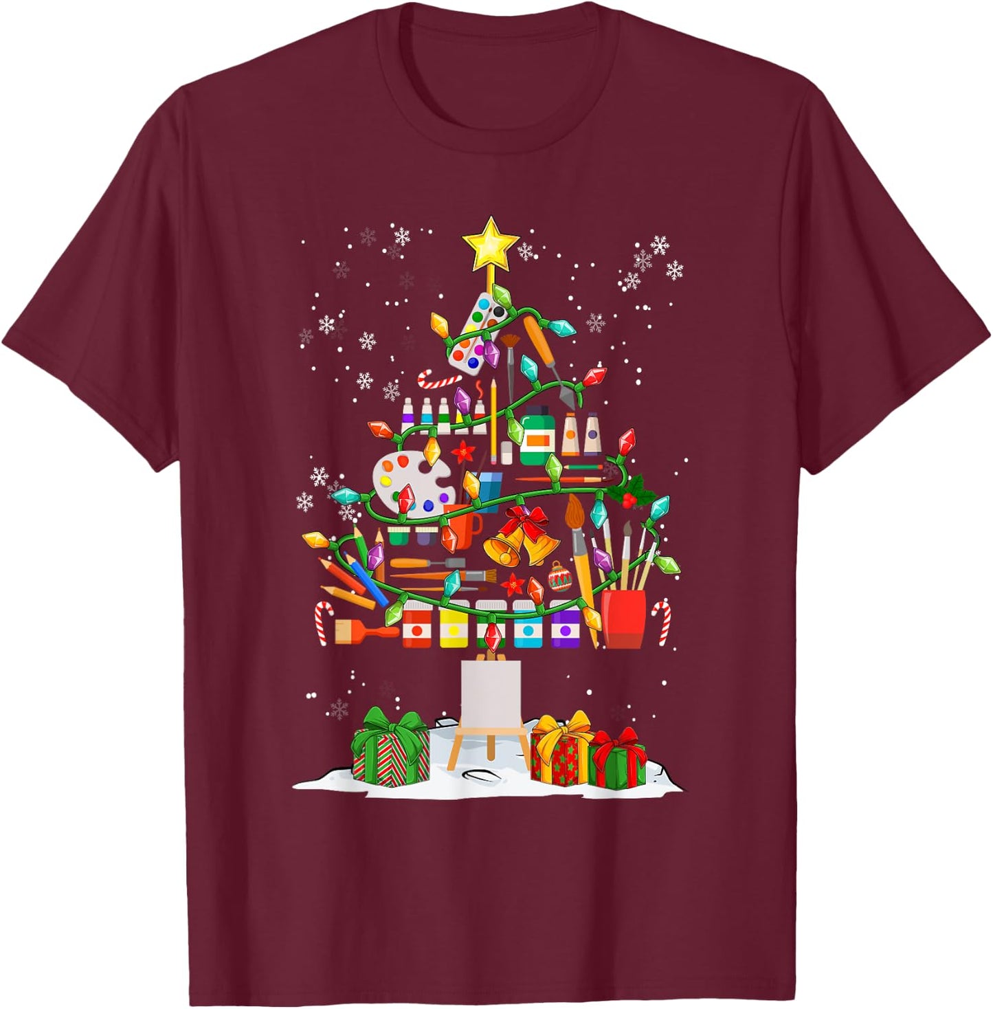 Funny Art Christmas Tree Decorations Art Teacher Xmas Pajama T-Shirt - T-Shirt | Maroon
