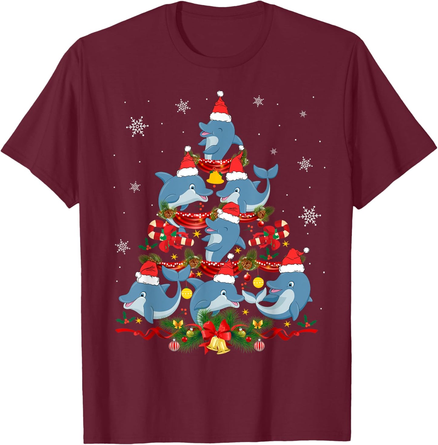 Santa Dolphin Christmas Tree Light Animal Lover Ornament T-Shirt - T-Shirt | Maroon