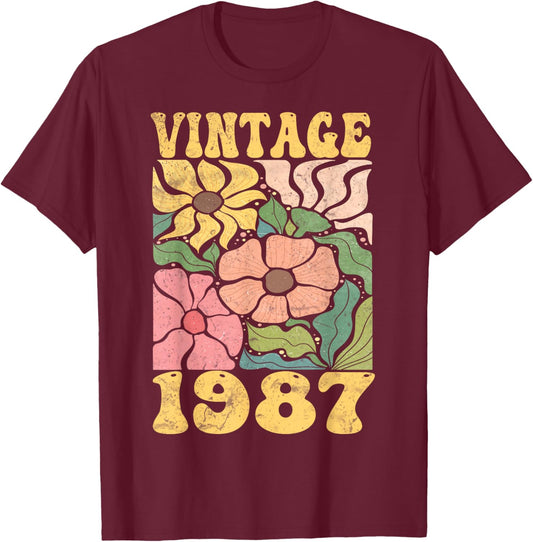 38 Years Old Vintage 1987 38th Women Birthday Wildflower T-Shirt - T-Shirt | Maroon