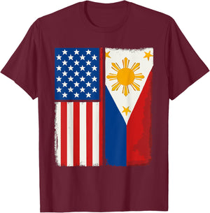 Half Filipino Half American USA Flag Philippines America T-Shirt - T-Shirt | Maroon