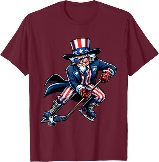 Patriotic Uncle Sam Hockey Player 4th of July Men Boy Kids T-Shirt - T-Shirt | Maroon