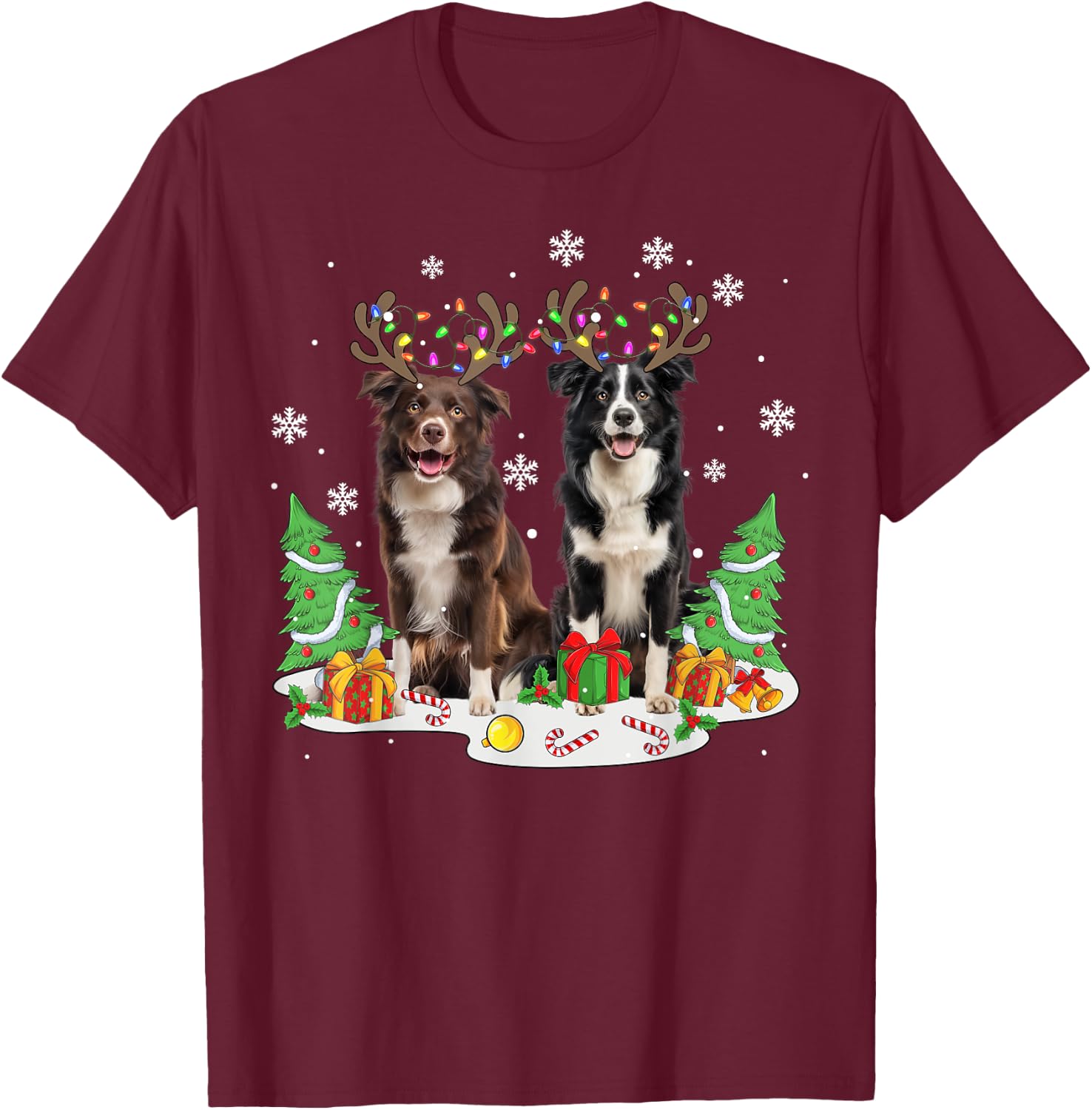 Border collie Dog Christmas lights Xmas Border collie dog Women Kids T-Shirt - T-Shirt | Maroon