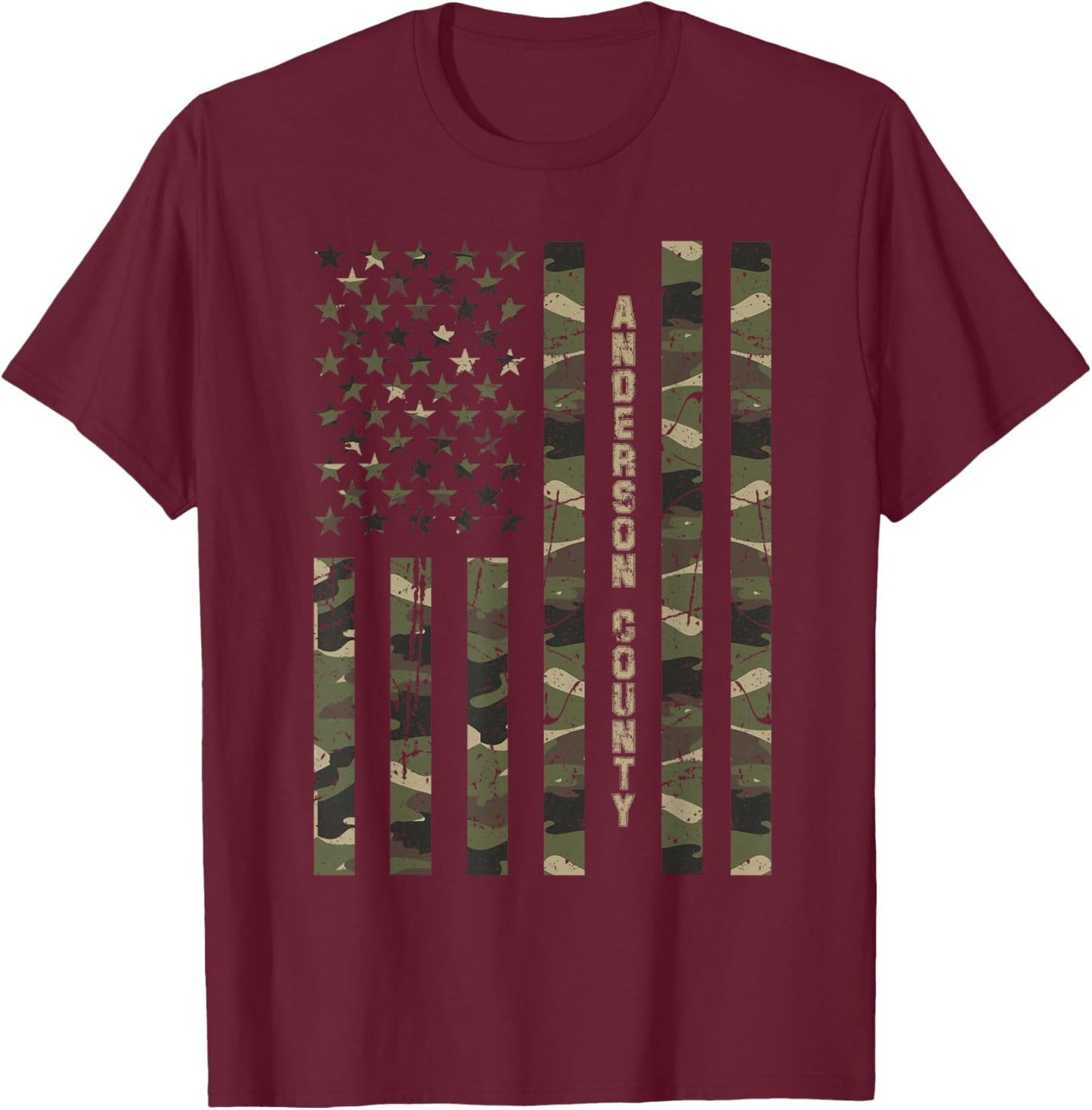 Anderson County United States Distressed Camo w US Flag T-Shirt - T-Shirt | Maroon