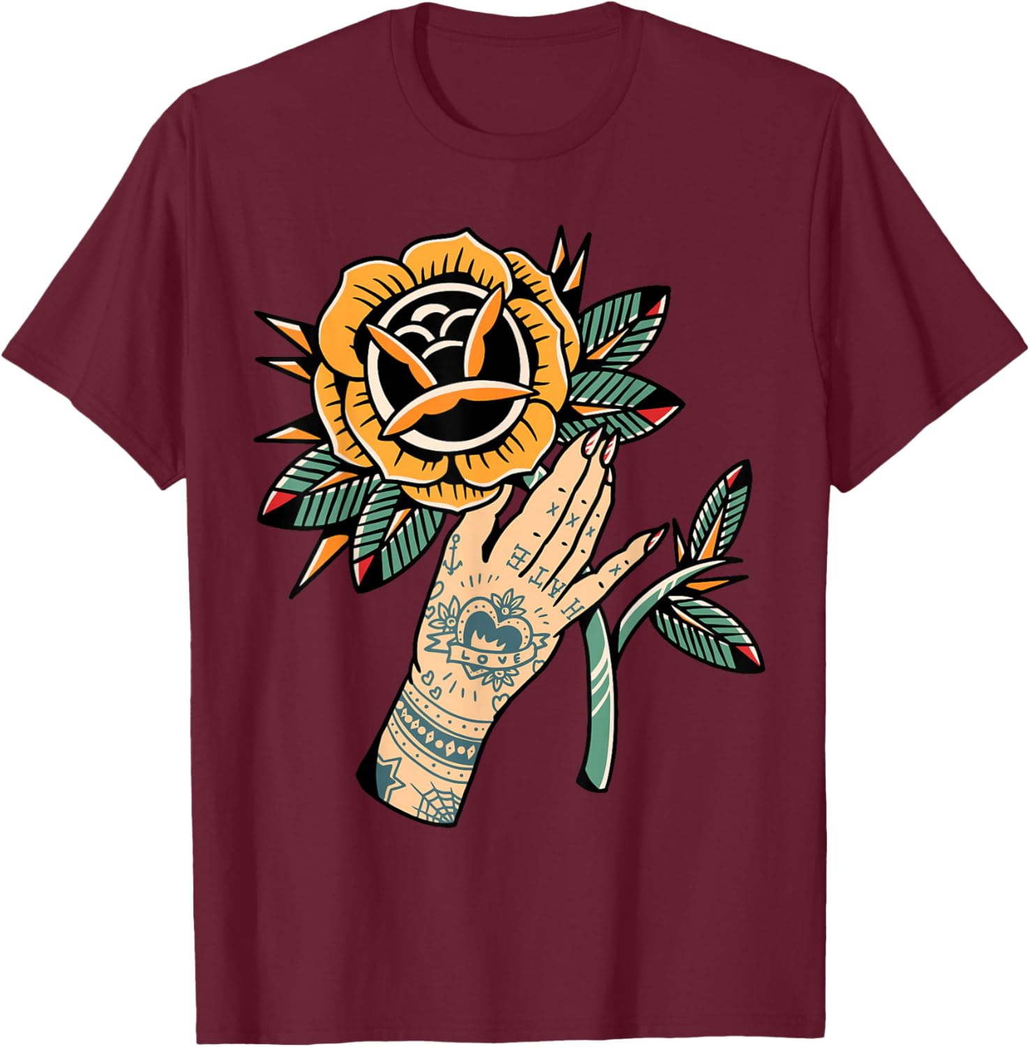 Rose x Tattoo Hand T-Shirt - T-Shirt | Maroon