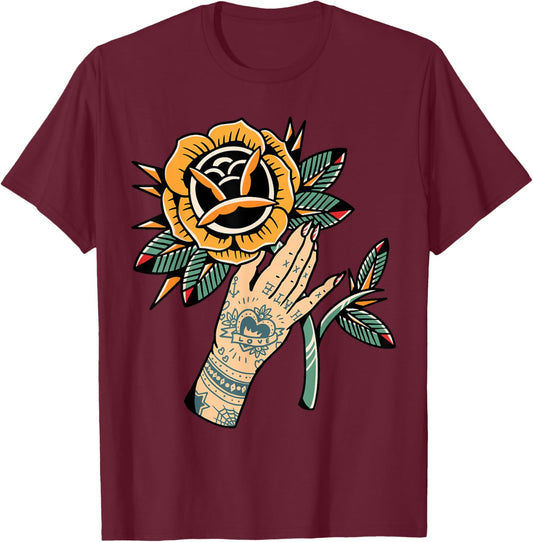 Rose x Tattoo Hand T-Shirt - T-Shirt | Maroon