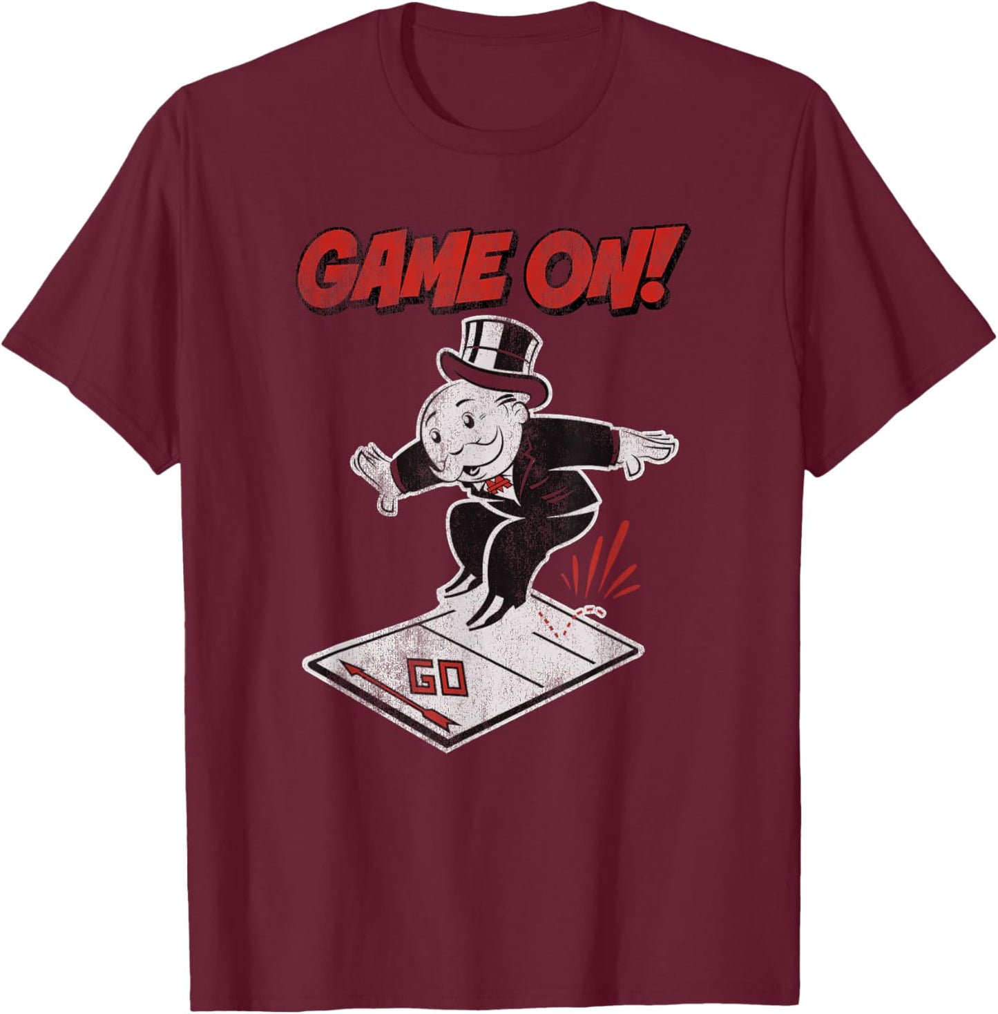 Monopoly Mr. Monopoly Game On! Classic Distressed Logo T-Shirt - T-Shirt | Maroon