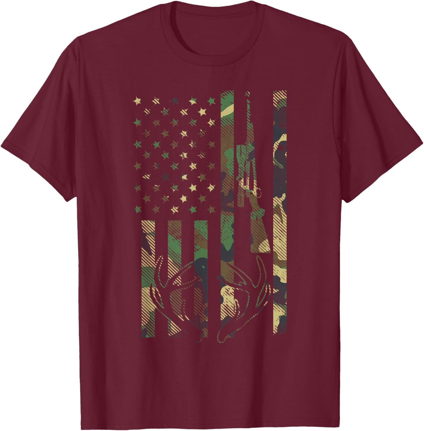 Camo American Flag Rifle Antler Deer Hunting Gun Hunter Gift T-Shirt - T-Shirt | Maroon