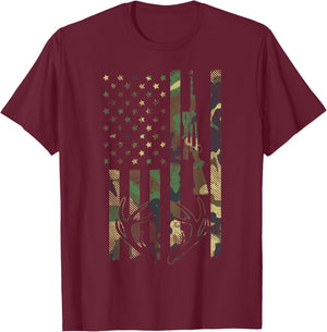 Camo American Flag Rifle Antler Deer Hunting Gun Hunter Gift T-Shirt - T-Shirt | Maroon