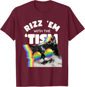 Autism Funny Rizz Em With The Tism Meme Autistic Cat Rainbow T-Shirt - T-Shirt | Maroon