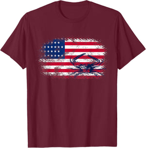 American Flag 4th of July Crab Fisherman Funny Crabbing Gift T-Shirt - T-Shirt | Maroon