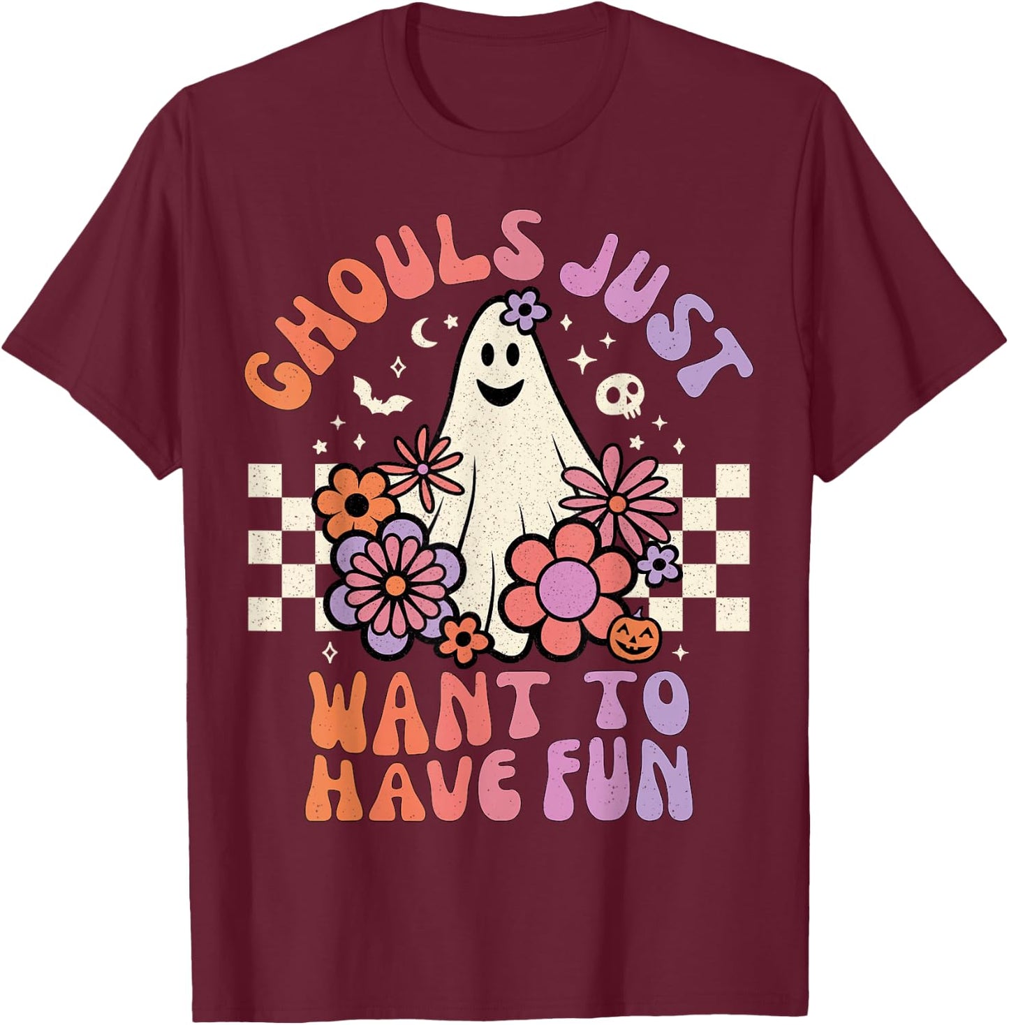Ghouls Just Want to Have Fun Women Girls Floral Ghost Sketch T-Shirt - T-Shirt | Maroon