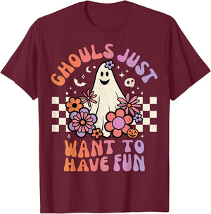 Ghouls Just Want to Have Fun Women Girls Floral Ghost Sketch T-Shirt - T-Shirt | Maroon