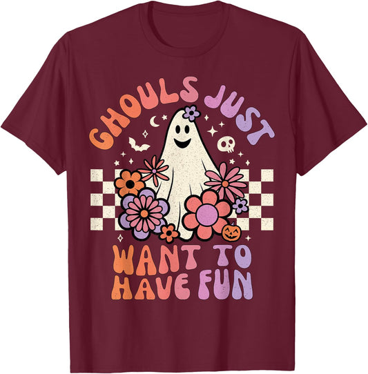 Ghouls Just Want to Have Fun Women Girls Floral Ghost Sketch T-Shirt - T-Shirt | Maroon