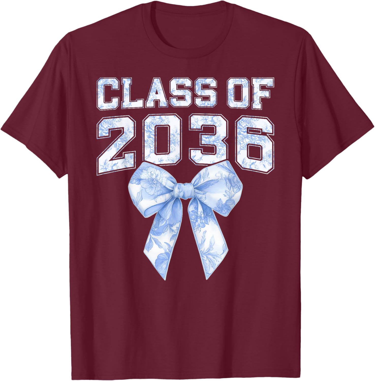 Class of 2036 Coquette Bow Blue Toile Floral Preppy Kid Girl T-Shirt - T-Shirt | Maroon