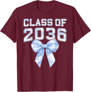 Class of 2036 Coquette Bow Blue Toile Floral Preppy Kid Girl T-Shirt - T-Shirt | Maroon
