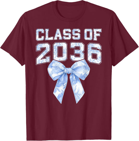 Class of 2036 Coquette Bow Blue Toile Floral Preppy Kid Girl T-Shirt - T-Shirt | Maroon