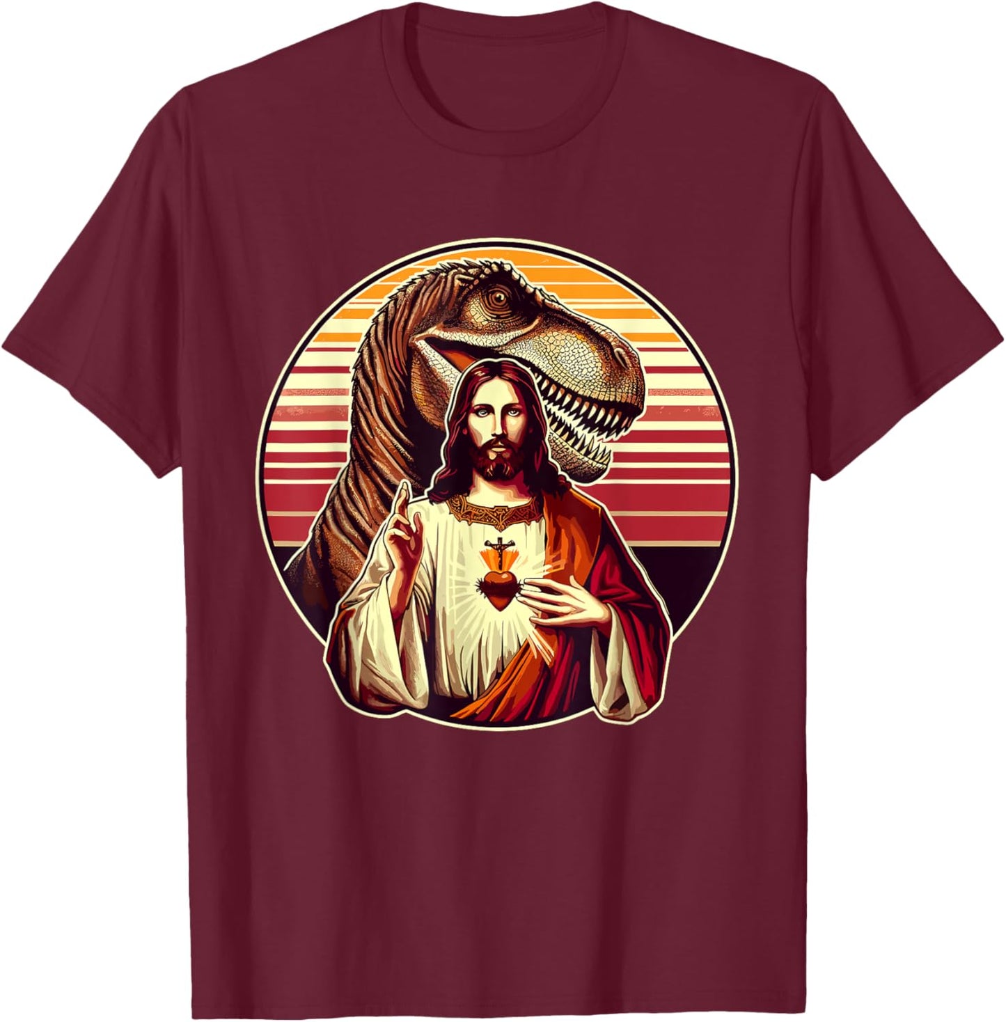 Jesus Christ and T-Rex Dinosaur T-Shirt - T-Shirt | Maroon