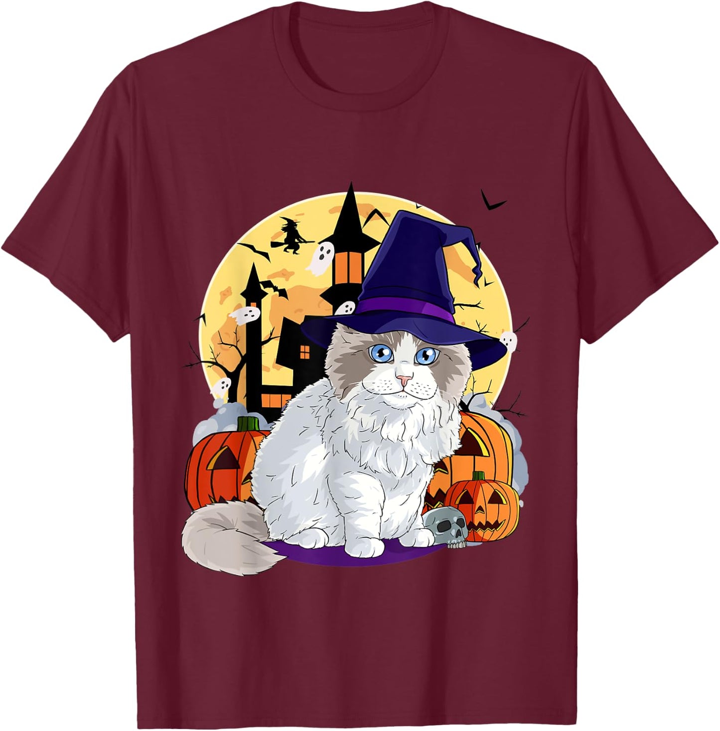 Cute Ragdoll Cat Halloween Witch Pumpkin Men Women Kids T-Shirt - T-Shirt | Maroon
