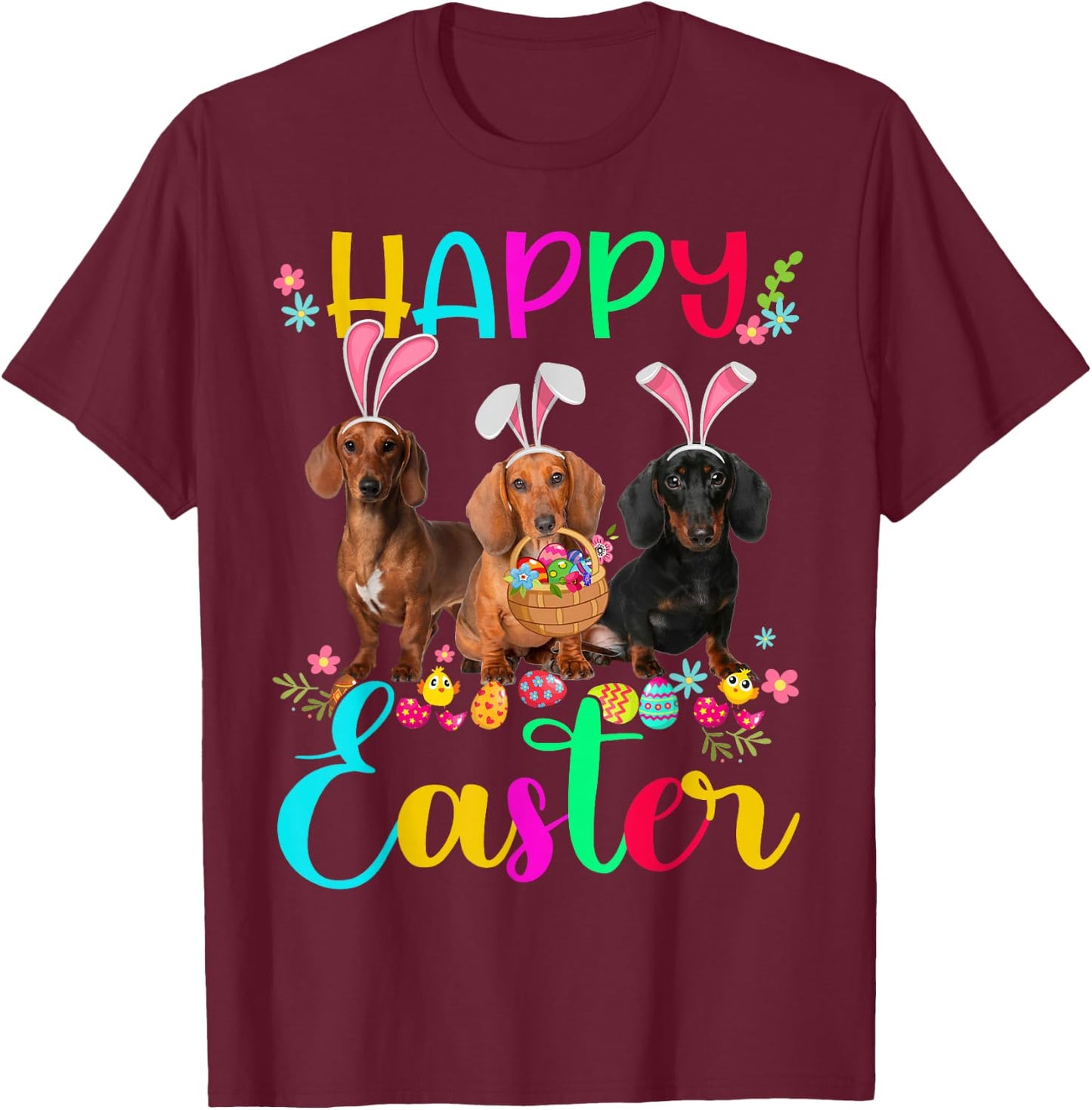 Happy Easter Three Dachshund Wearing Bunny Ear Gifts T-Shirt - T-Shirt | Maroon