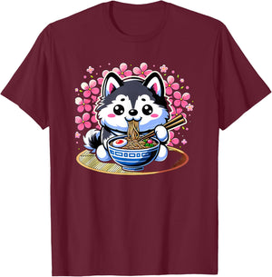 Kawaii Siberian Husky dog Eating Ramen T-Shirt - T-Shirt | Maroon