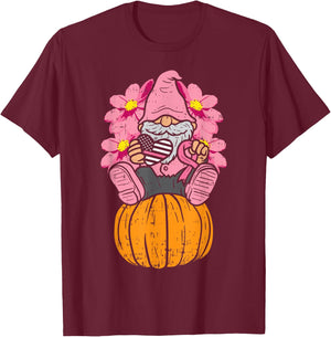 Gnome On Pumpkin Pink Ribbon Breast Cancer Halloween Gift T-Shirt - T-Shirt | Maroon