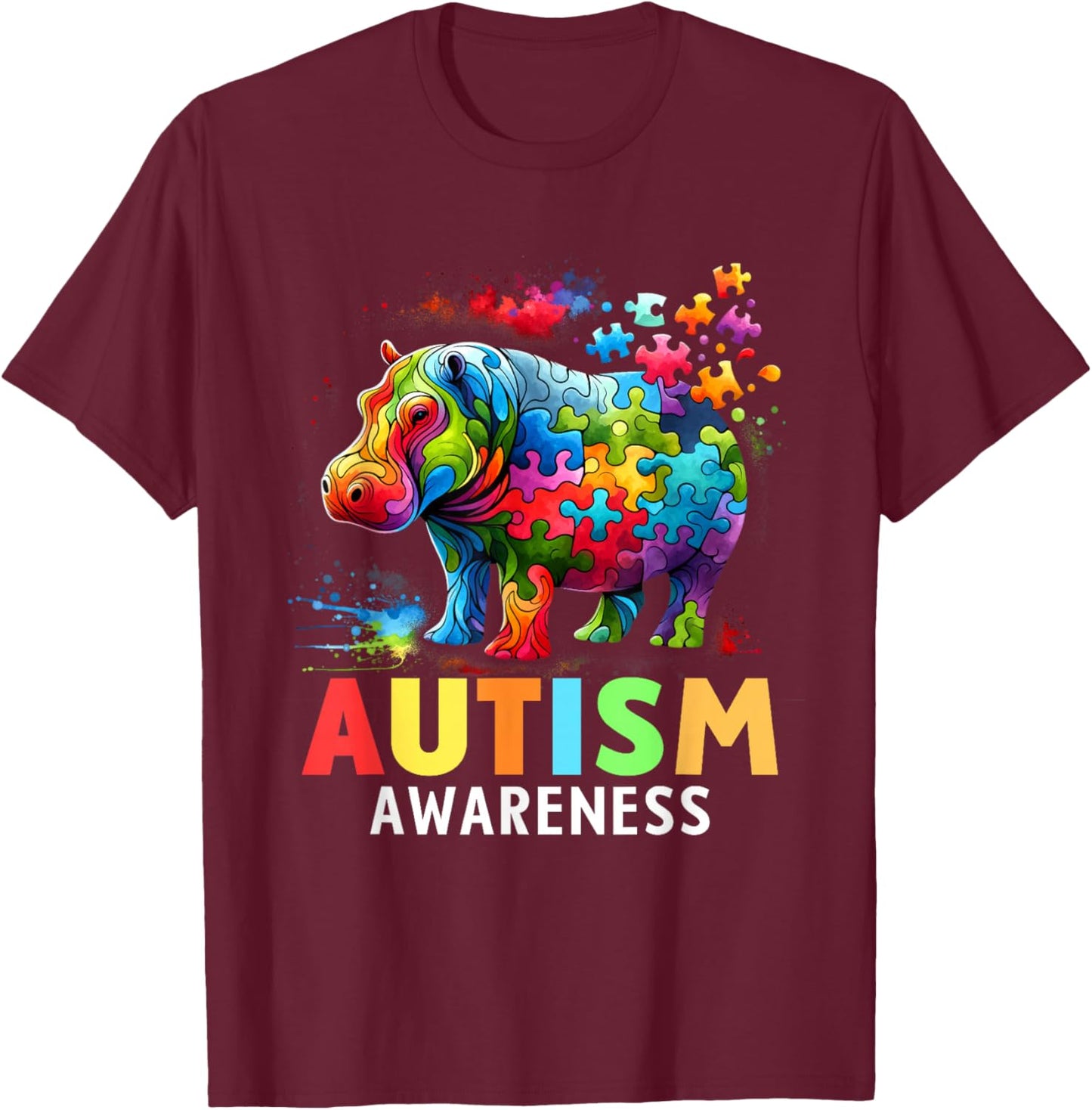 Hippo Autism Awareness Month Autistic T-Shirt - T-Shirt | Maroon
