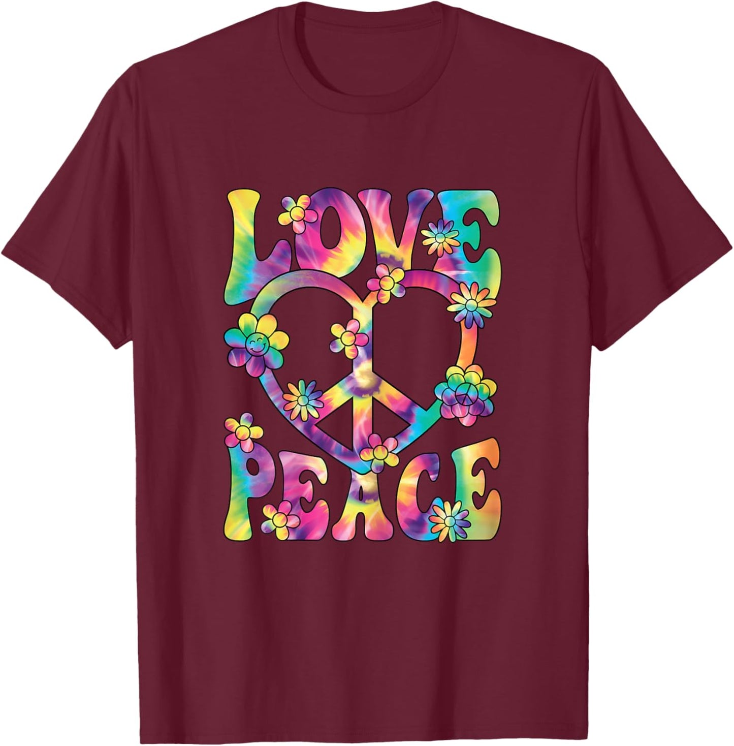 Love Peace Sign 60s 70s Outfit Hippie Groovy Women Girls T-Shirt - T-Shirt | Maroon