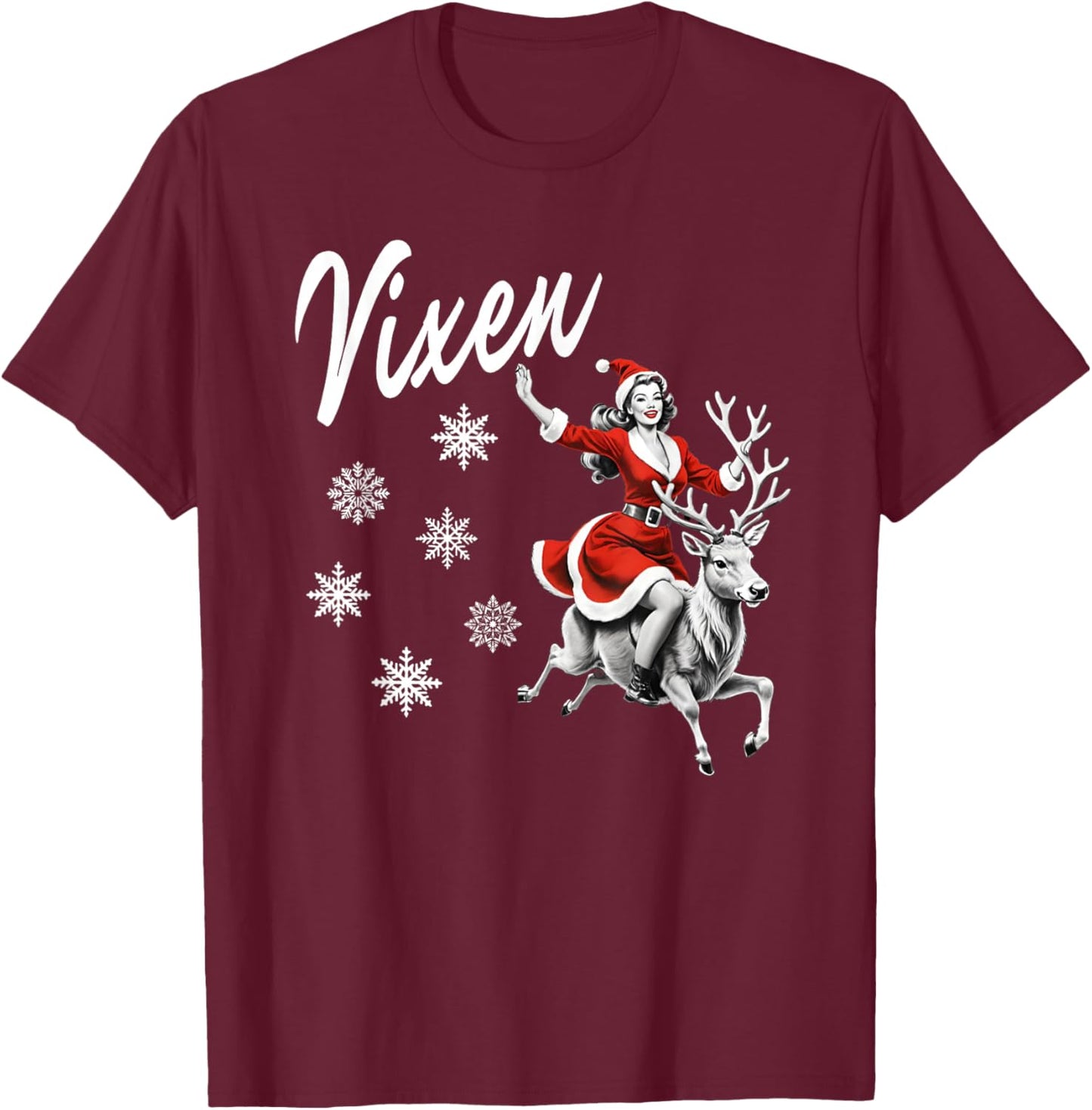 Vixen Reindeer Retro Sexy Pin Up Girl Funny Christmas Party T-Shirt - T-Shirt | Maroon