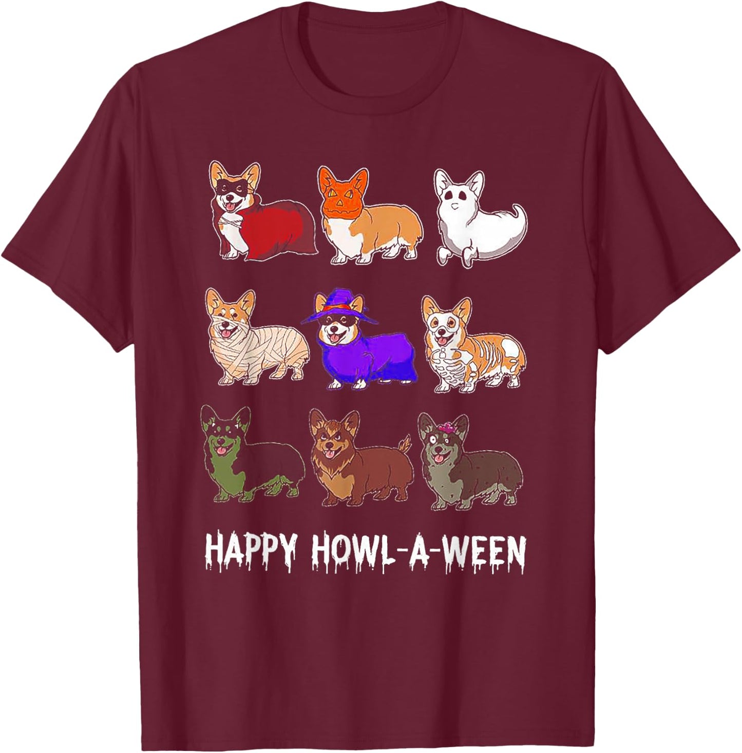 Funny Corgi Dog Halloween Happy Howl-o-ween T-Shirt - T-Shirt | Maroon