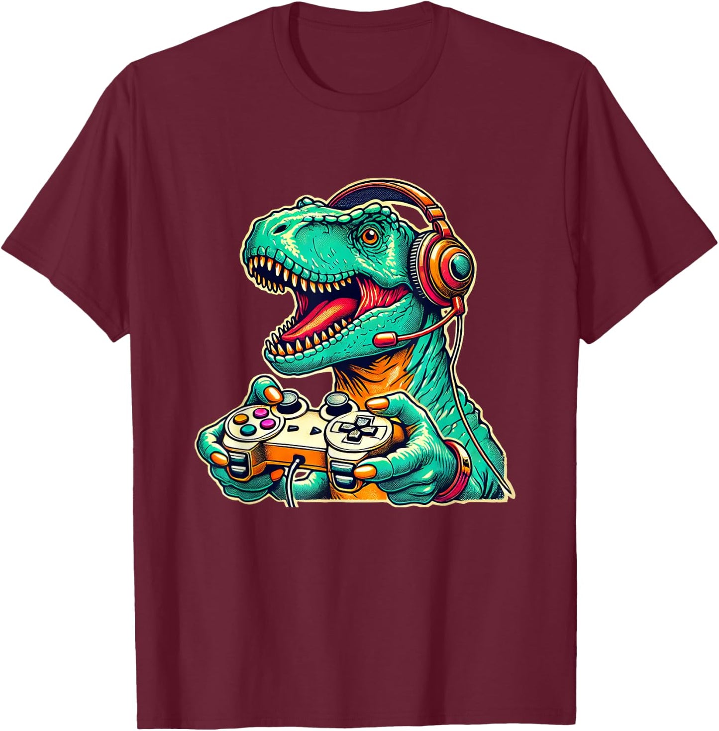 Cool Gamer Dino T-Rex Gamer Dinosaur Gaming T-Shirt - T-Shirt | Maroon