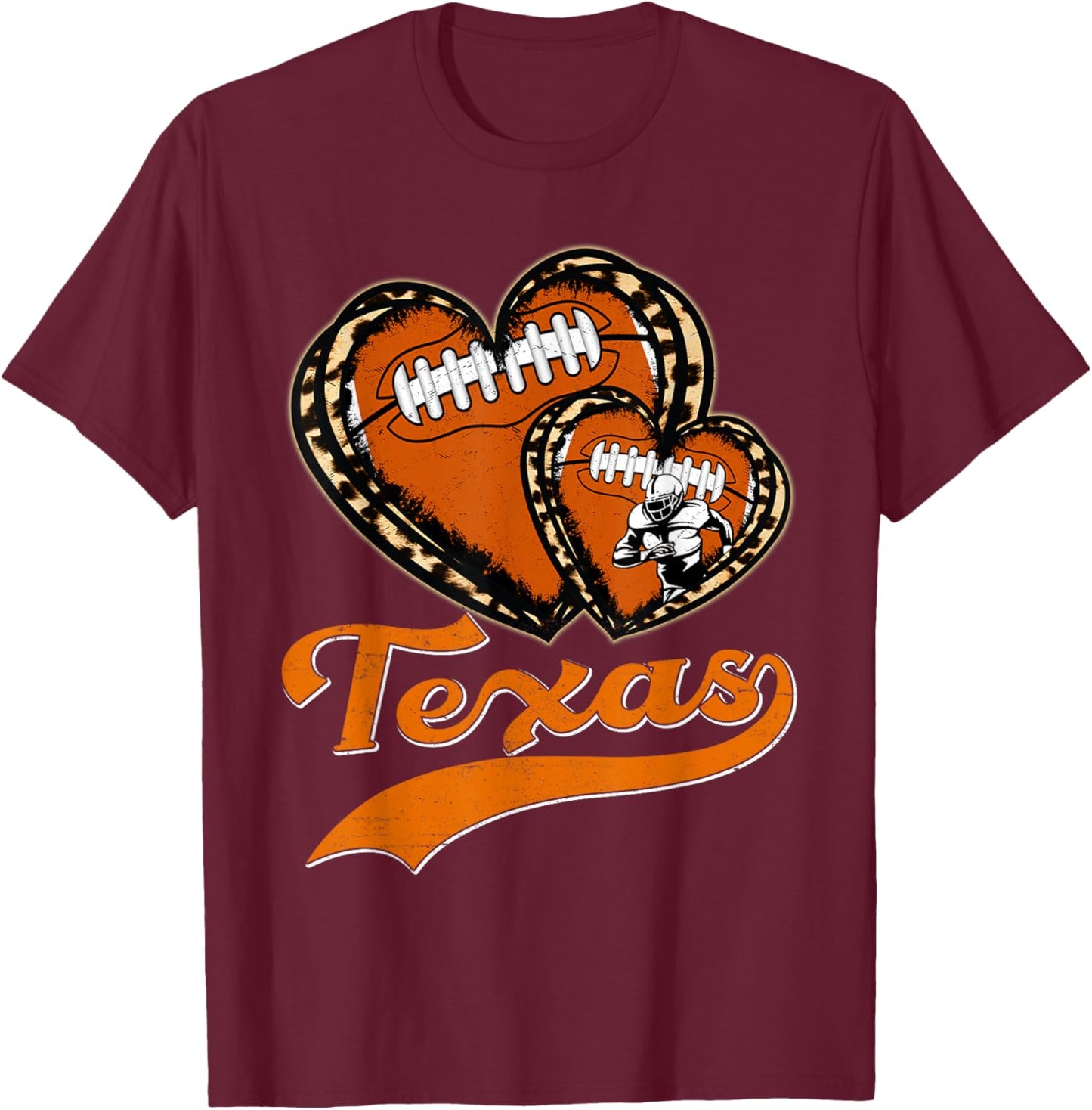 Vintage Leopard Heart Texas Football Player Sport Fans T-Shirt - T-Shirt | Maroon