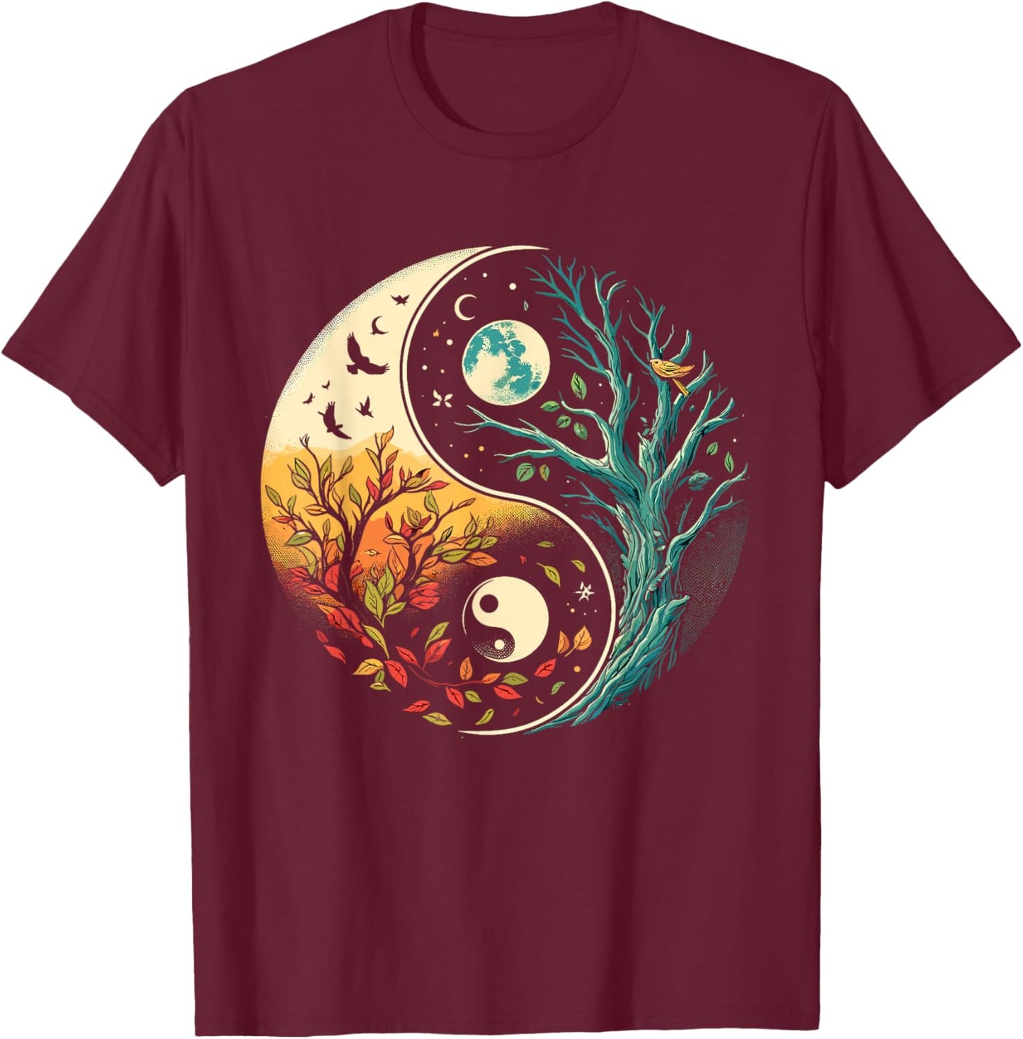 Yin Yang Tree Japanese Buddhist Zen T-Shirt - T-Shirt | Maroon
