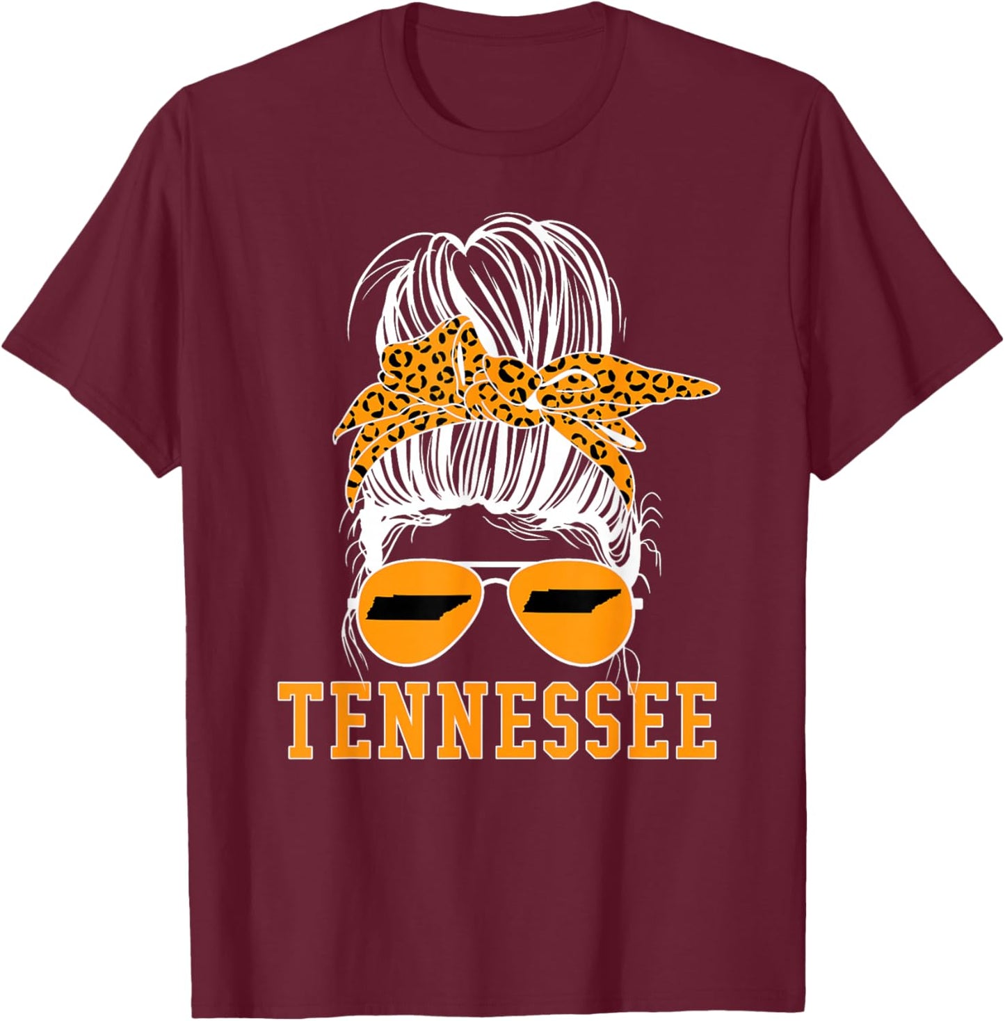 Tennessee TN State Women Leopard Messy Bun Orange Text T-Shirt - T-Shirt | Maroon