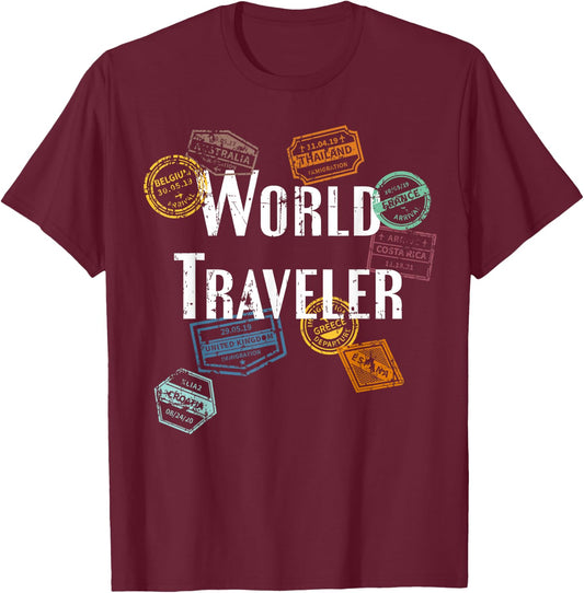 Vintage Distressed World Traveler Passport Stamp Gift Shirt T-Shirt - T-Shirt | Maroon