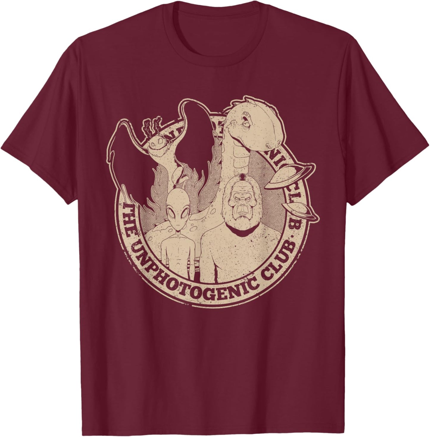 Unphotogenic Club Cryptid Alien Bigfoot Mothman Loch Ness T-Shirt - T-Shirt | Maroon