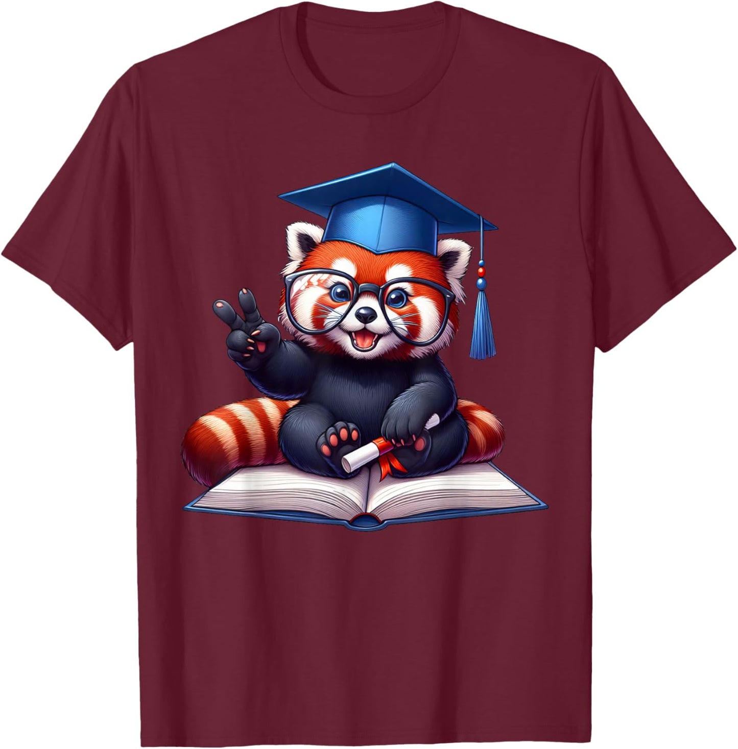 Peace Sign Hand Graduate Red Panda Graduation T-Shirt - T-Shirt | Maroon