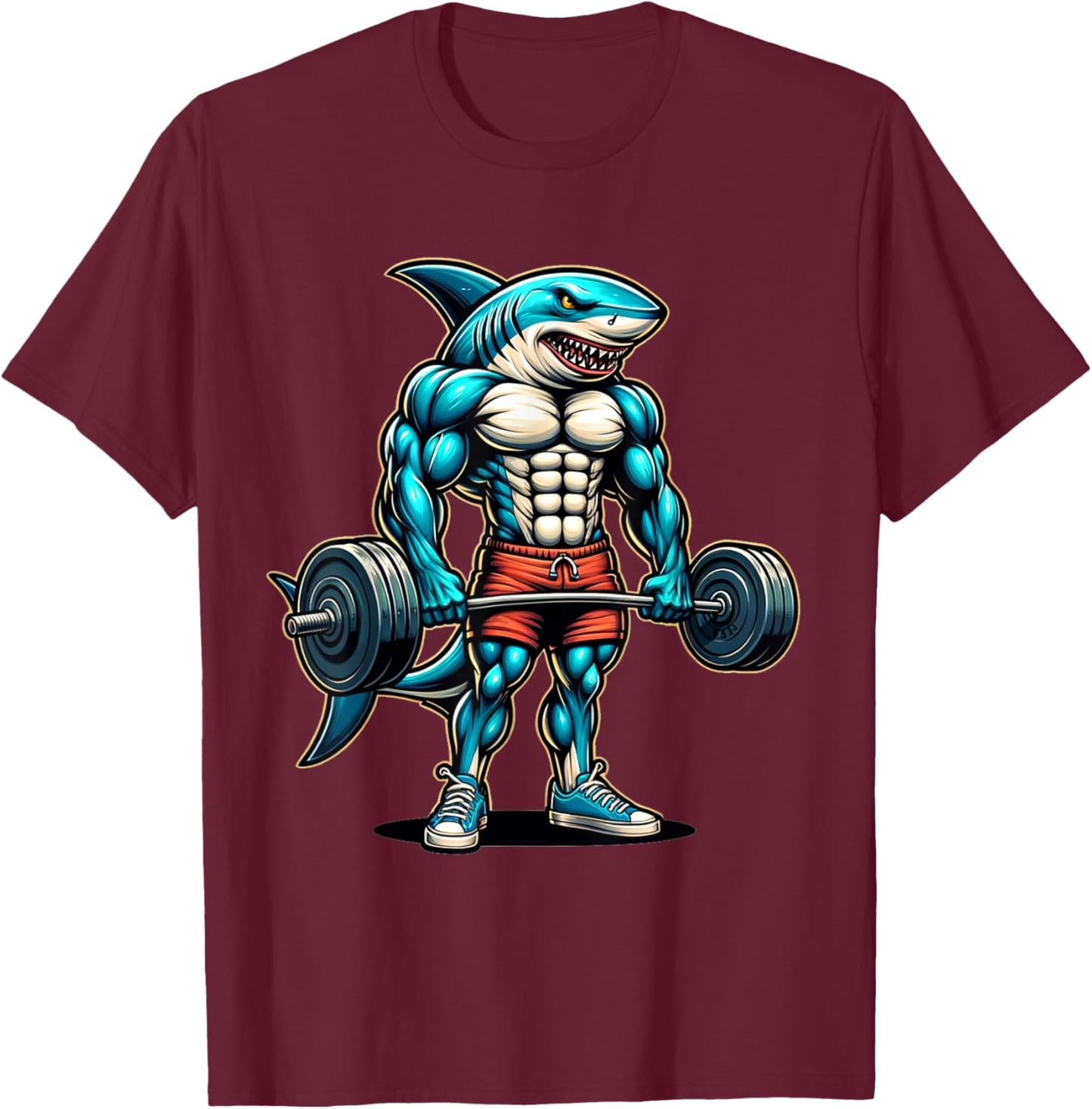 Funny Cool Shark Weightlifting Bodybuilder Muscle Fitness T-Shirt - T-Shirt | Maroon