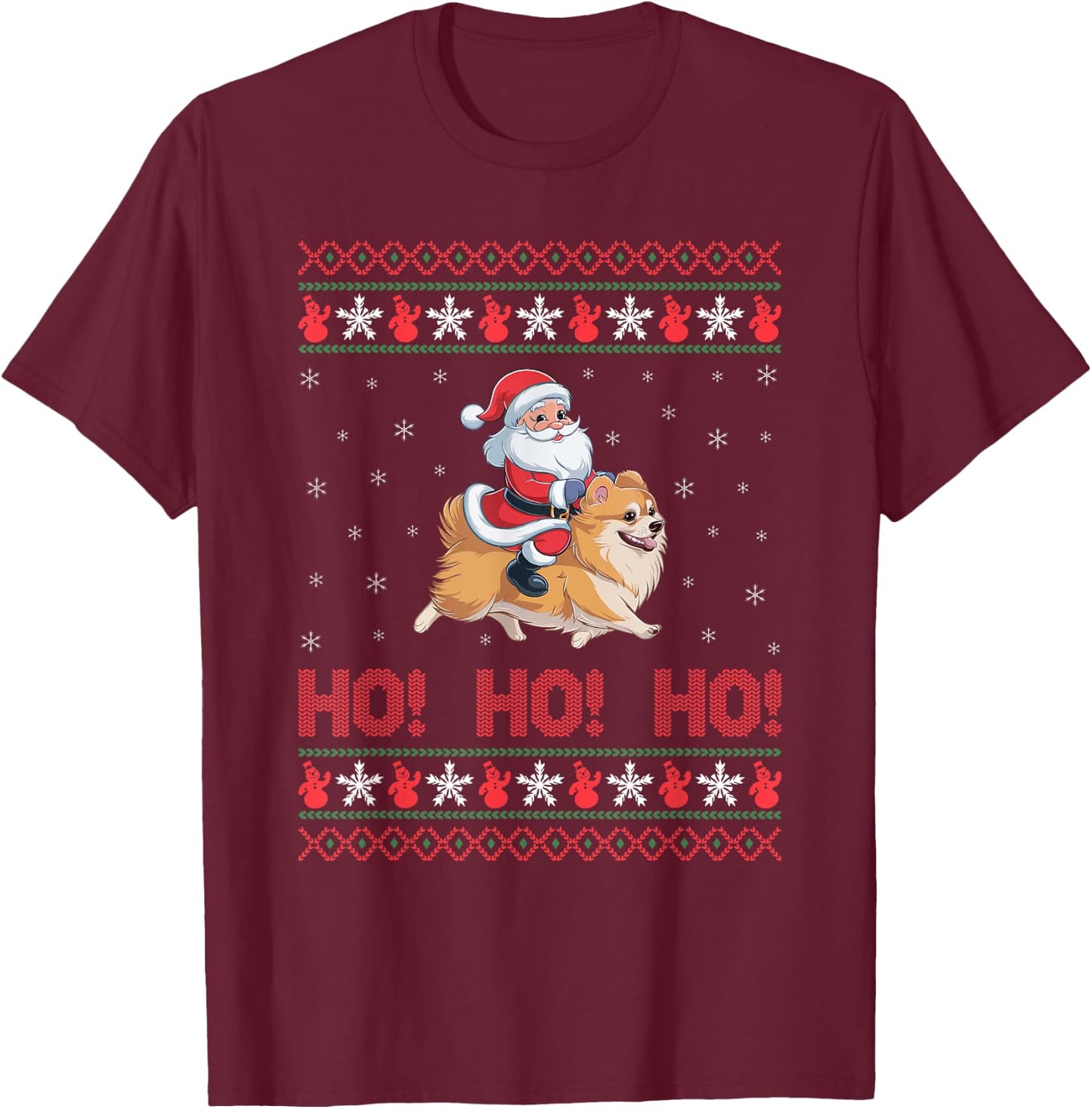 Ho Ho Ho Santa Riding Pomeranian Dog Ugly Christmas Sweater Men Women Kids T-Shirt - T-Shirt | Maroon