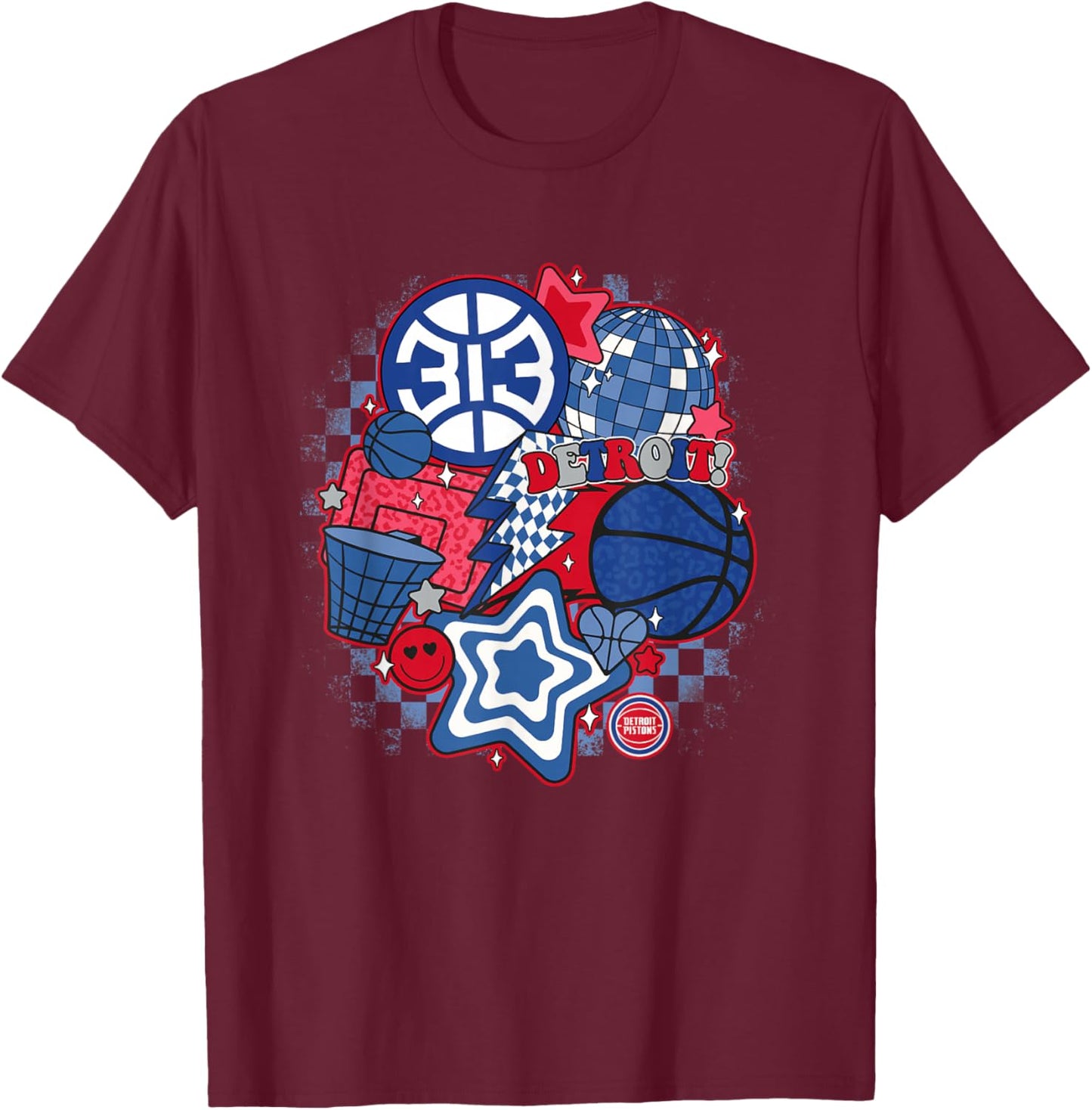 NBA Detroit Pistons Psychedelic Basketball Collage T-Shirt - T-Shirt | Maroon