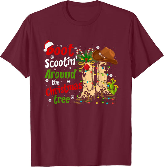 Boot Scootin' Around The Christmas Tree Country Western T-Shirt - T-Shirt | Maroon