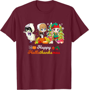 Halloween Thanksgiving Christmas Hallothanksmas Anime Girl T-Shirt - T-Shirt | Maroon