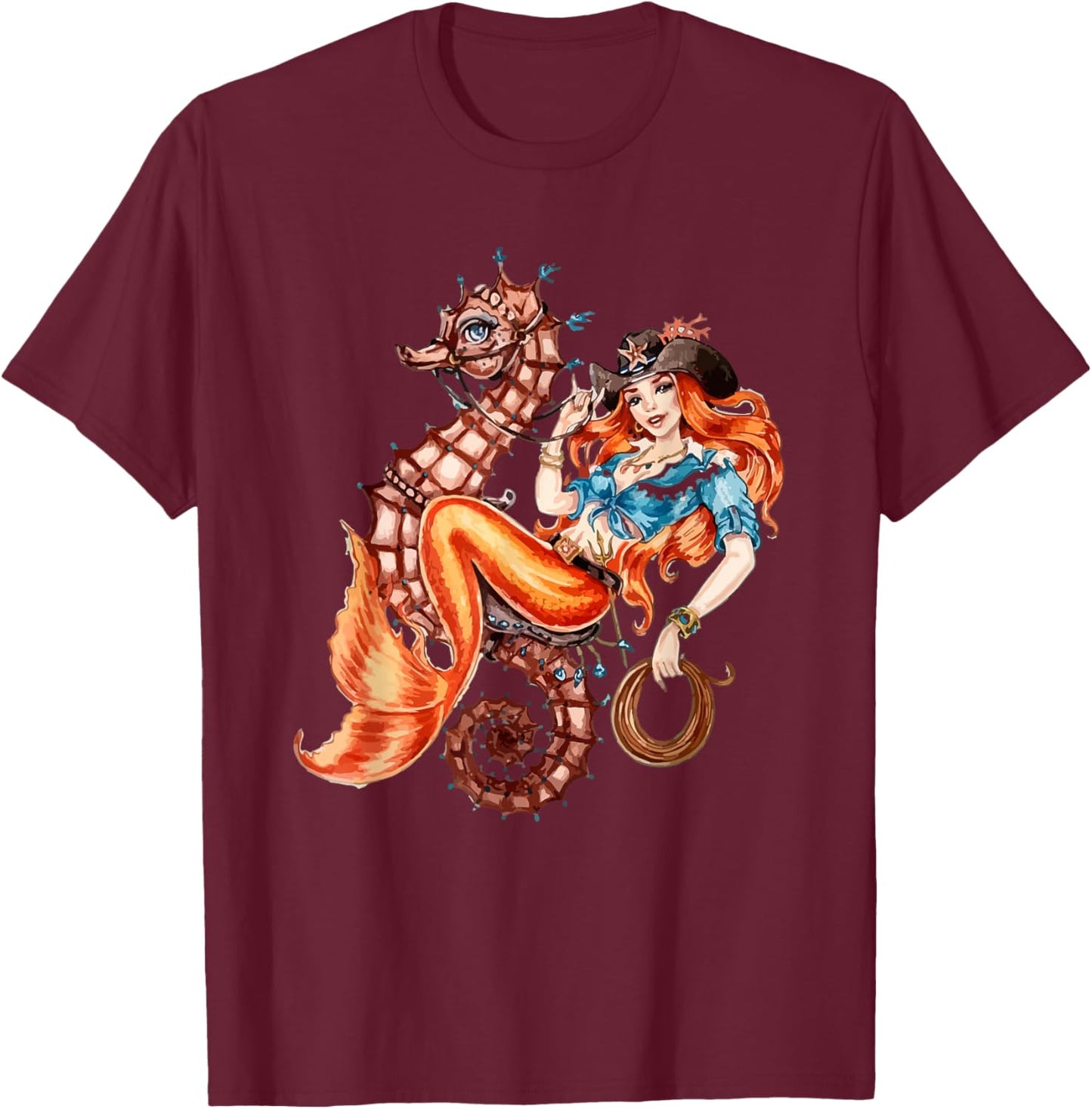 Mermaid Riding Seahorse Vintage Retro Cowgirl Rodeo T-Shirt - T-Shirt | Maroon