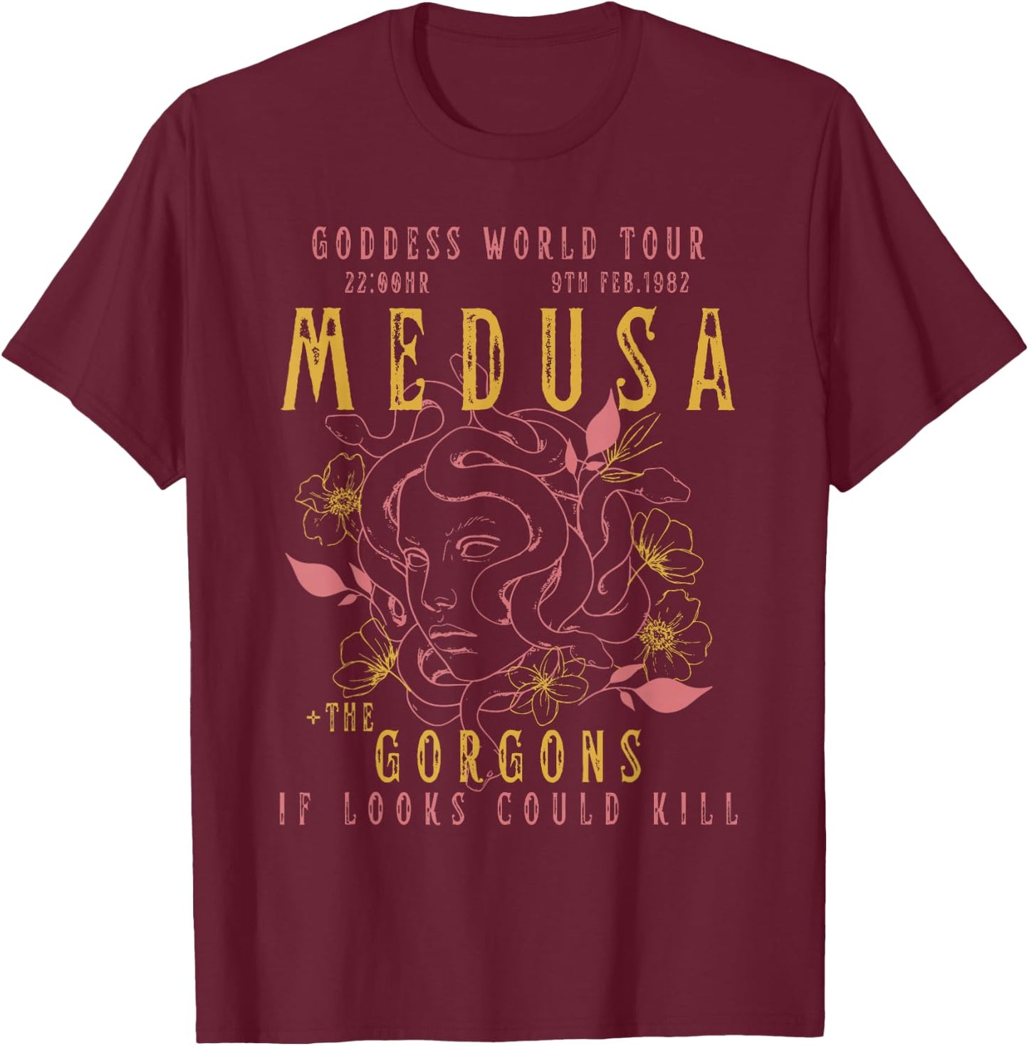 The Female Gaze Medusa Distressed Band | Goddess World Tour T-Shirt - T-Shirt | Maroon
