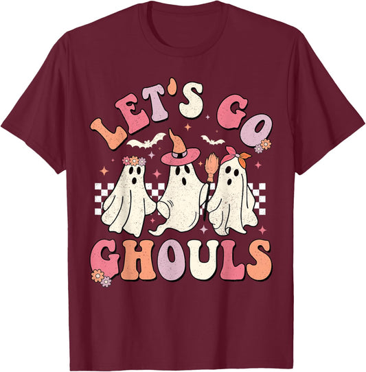 Let's Go Ghouls Halloween Ghost Outfit Costume Retro Groovy T-Shirt - T-Shirt | Maroon