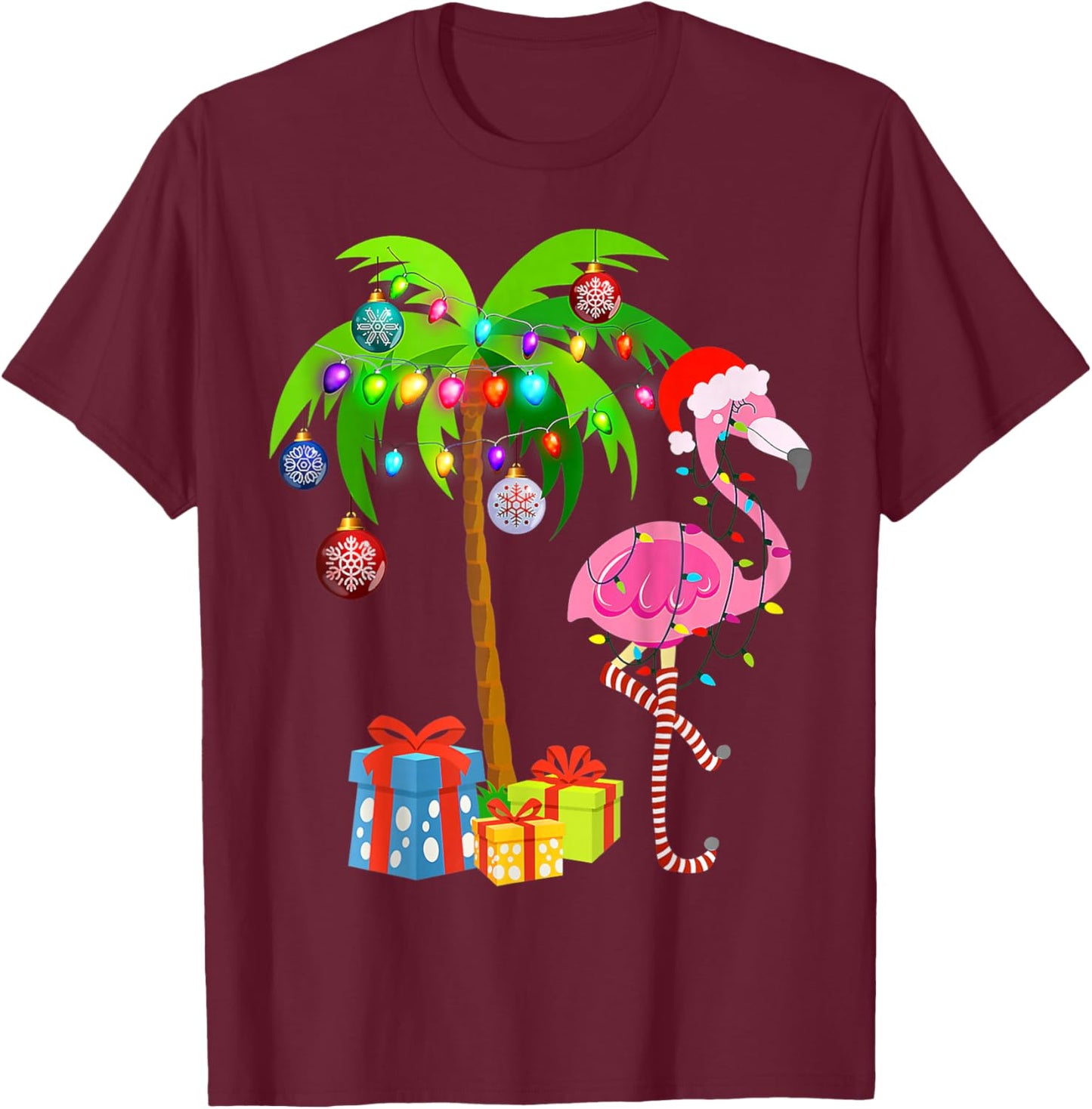 Pink Flamingo Christmas Palm Tree Tropical Xmas Holiday T-Shirt - T-Shirt | Maroon