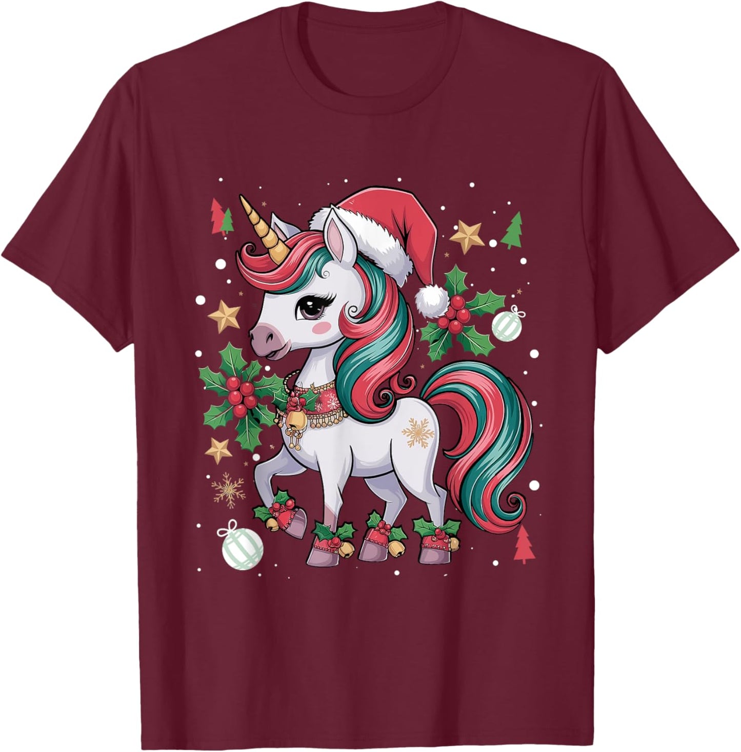 Merry Christmas Unicorn Girls Kid Toddler Xmas Unicorn Santa T-Shirt - T-Shirt | Maroon