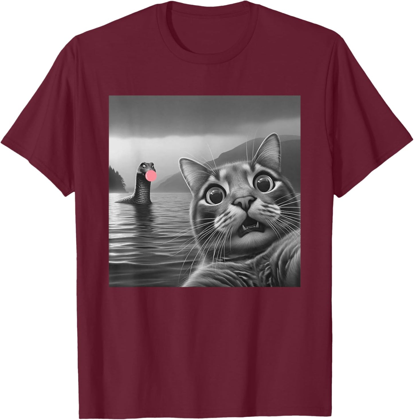 Funny Surprised Cat Selfie with Loch Ness Monster, Bubble Women Girls Kids T-Shirt - T-Shirt | Maroon